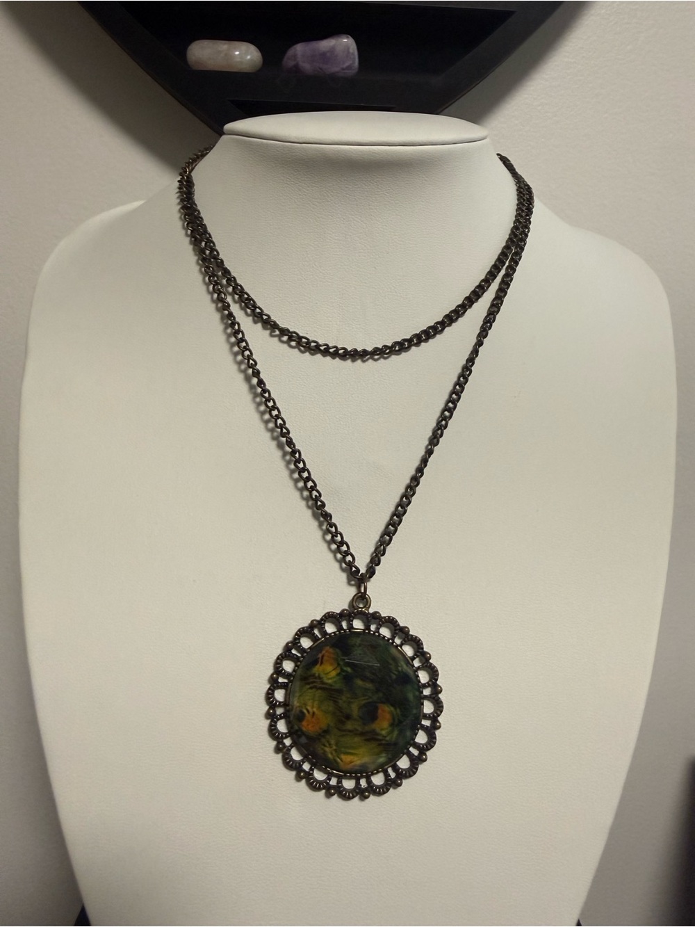 Bronze Tone Peacock Feather Glass Pendant Necklace